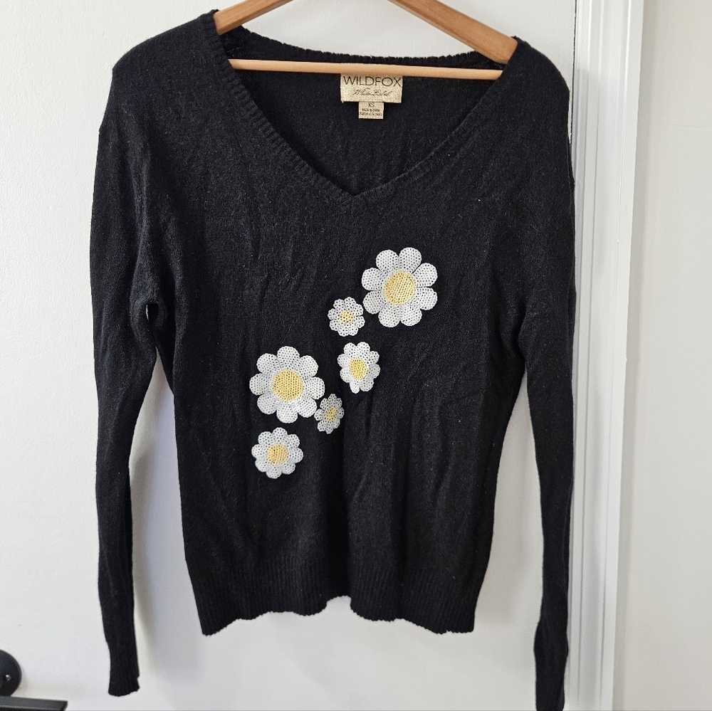 Wildfox White Label Womens Sweater XS Flower Sequin Boho Daisy Lightweight
